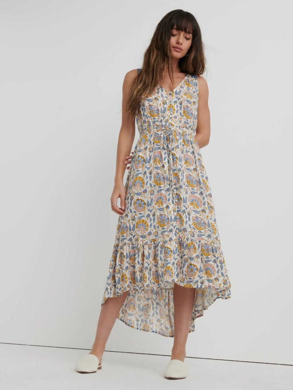 Lucky Brand Womens Boho Paisley High Low Midi Dress Sleeveless Drawstring XS